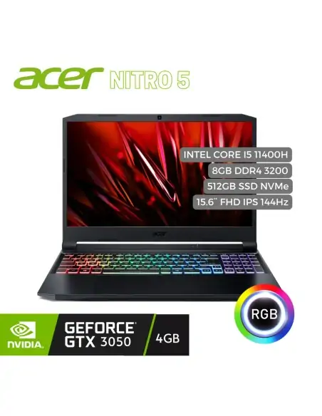 A Tres Click | Portatil Acer Nitro 5 AN515-57-59BH Intel Core i5 11400H, 8GB DDR4, 512GB PCIe, 15.6" FHD IPS, Nvidia GeForce RTX 3050 4GB $ 5.899.000 $ 3.420.429 Acer Portátiles & Notebook 