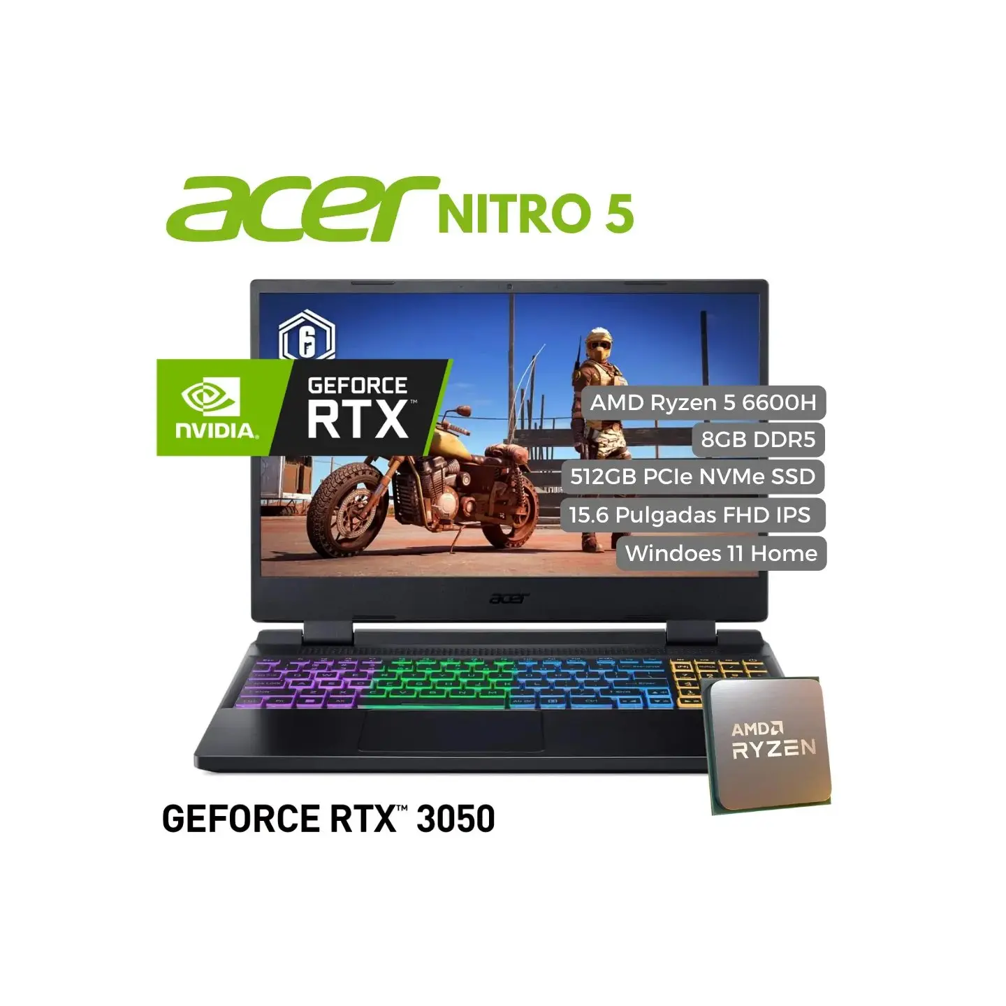 atresclick.com | Portatil Acer Nitro 5 AN515-46-R0ZZ AMD Ryzen 5 6600H, 8GB DDR5, 512GB NVMe SSD, 15.6" FHD, Windows 11 Home, RTX 3050 4GB
