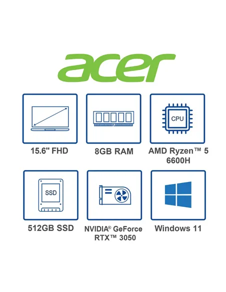 A Tres Click | Portatil Acer Nitro 5 AN515-46-R0ZZ AMD Ryzen 5 6600H, 8GB DDR5, 512GB NVMe SSD, 15.6" FHD, Windows 11 Home, RTX 3050 4GB $ 5.699.000 $ 3.590.370 Acer Portátiles & Notebook 