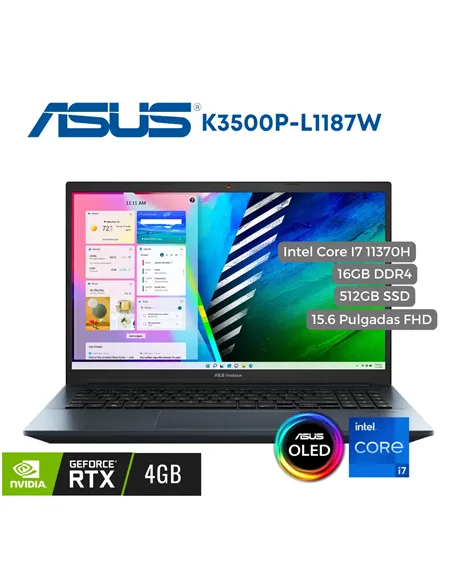 A Tres Click | Portátil Asus K3500P Intel CI7 11370H, 16GB, 512SSD PCIe, 15.6" OLED FHD, W11, RTX 3050 4GB $ 6.319.900 $ 3.876.913 Asus Portátiles 