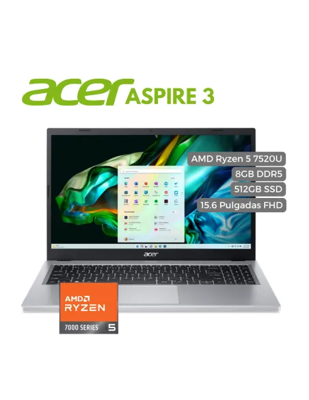 A Tres Click | Portatil Acer Aspire 3 A315 AMD Ryzen 5 7520U, 8GB, 512GB SSD NVMe SSD, 15.6" FHD $ 3.212.900 $ 1.863.482 Acer Portátiles & Notebook 