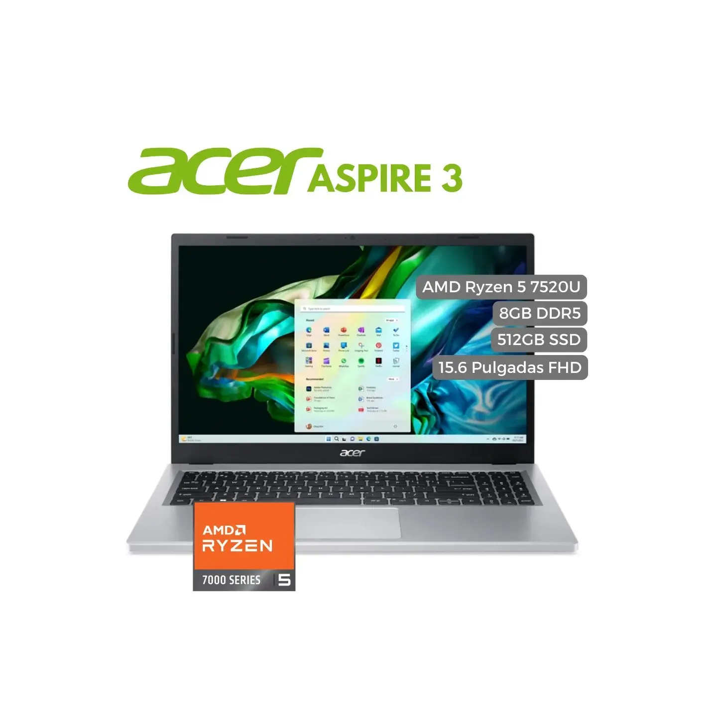 atresclick.com | Portatil Acer Aspire 3 A315 AMD Ryzen 5 7520U, 8GB, 512GB SSD NVMe SSD, 15.6" FHD