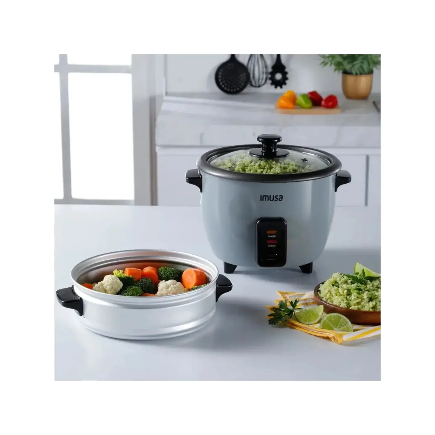 atresclick.com | Olla Arrocera IMUSA 3 tazas Con Vaporera y Accesorios Color Gris